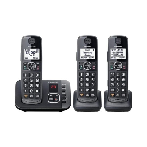 Panasonic DECT 6.0 Expandable Cordless Phone System with Answering Machine and Call Blocking – 3 Handsets – KX-TGE633M (Metallic Black)