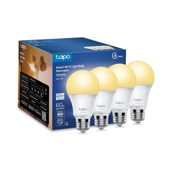 Tapo TP-Link Smart Light Bulbs, 800 Lumens (60W Equivalent), 2700K Soft Warm White LED Bulb, Dimmable, Compatible with Alexa and Google Home, No Hub Required, A19 E26, L510E (4-Pack)