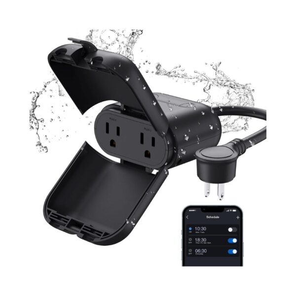 ELEGRP PQR20 Outdoor Smart Plug, Waterproof IP66 WiFi Plug with 2 Individually Controlled Outlets, Compatible with Alexa & Google Assistant, UL Certified Smart Outdoor Outlet for String Lights & Appliances, 1 Pack, Black