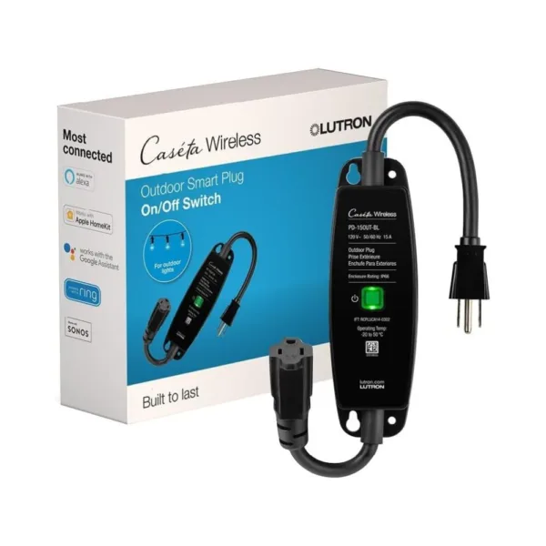 Lutron Caseta Smart Outdoor Plug, Weatherproof IP66, Works with Alexa, Google Assistant, Apple Home, Ring | 15A LED Fixtures & 1/2 HP Motors | Remote Control Outlet for Patio, Backyard & Outdoor Lights | PD-15OUT-BL, Black