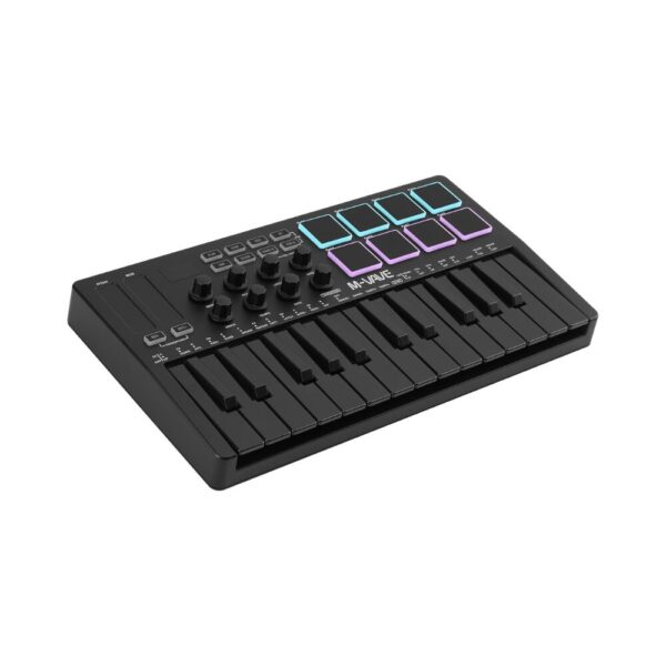 M-VAVE 25-Key USB MIDI Keyboard Controller with 8 Backlit Drum Pads, Bluetooth, Semi-Weighted Keys, 8 Knobs, Music Production Software Included – Black