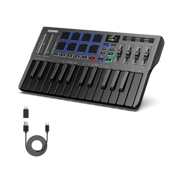 KB-25mini USB MIDI Keyboard Controller 25 Keys, 8 Drum Pads, Mod/Pitch Wheels, Arpeggiator & OLED Display with Licensed Cubase LE Software