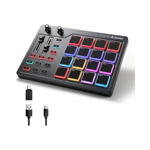 Wireless MIDI Pad Controller Portable Beat Maker with 16 Velocity-Sensitive Drum Pads, RGB Lighting, Bluetooth & USB-C Connectivity, LED Display for Music Production
